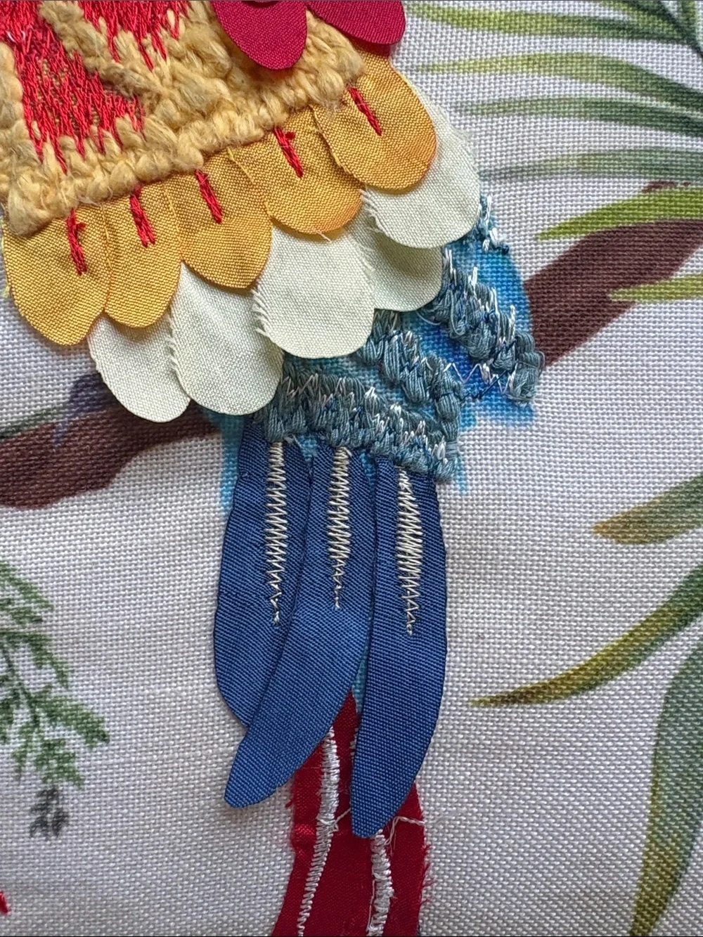 Embroidered Parrot Accent Pillow in Cream with Multicolor Detail